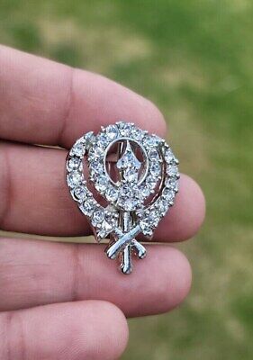 Khanda brooch silver plated stunning diamonte sikh pin singh kaur broach k62 new