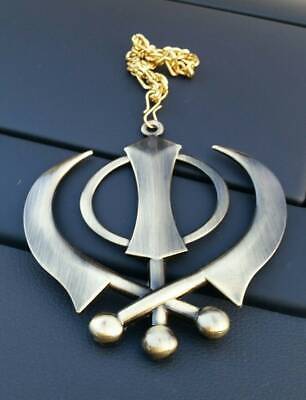 Large punjabi sikh steel khanda antique gold colour car mirror hanging pendant