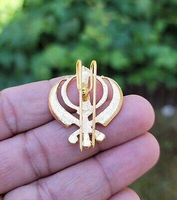 Stunning diamonte gold plated sikh singh kaur khalsa khanda brooch pin gift ggg1