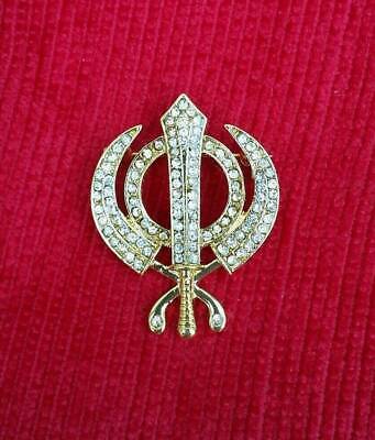 Stunning diamonte gold plated sikh khanda brooch cake pin singh turban dumala