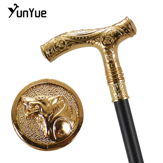Gold Wolf Metals Carving Walking Cane Gentleman Art Decorative Fashion Elegant Walking Stick Lady Cosplay Film Props Party Cane