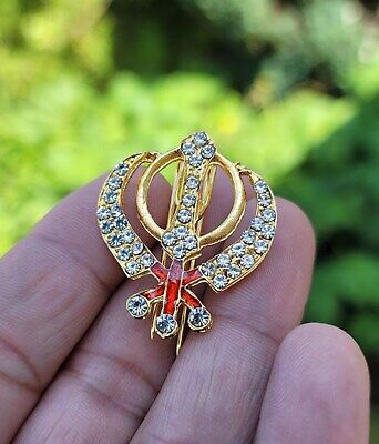 Stunning diamonte gold plated sikh singh kaur khalsa khanda brooch pin gift ggg1