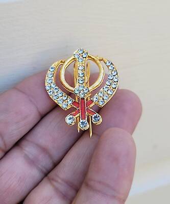 Stunning diamonte gold plated sikh singh kaur khalsa khanda brooch pin gift ggg1