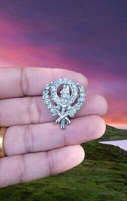 Khanda brooch silver plated stunning diamonte sikh pin singh kaur broach k62 new